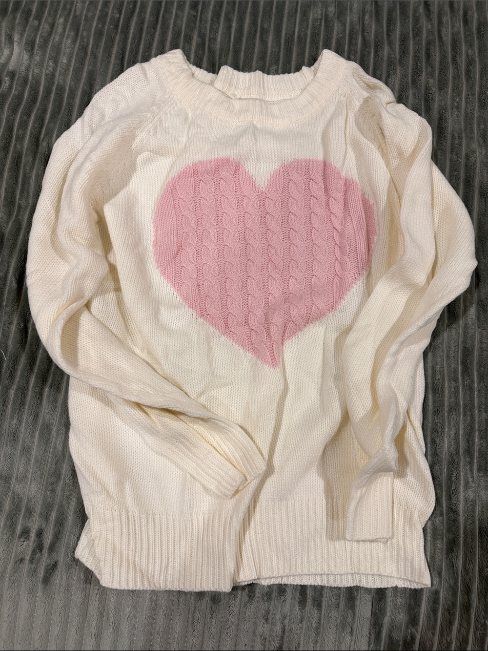 Cream Women's Cable-Knit Sweater with Pink Heart